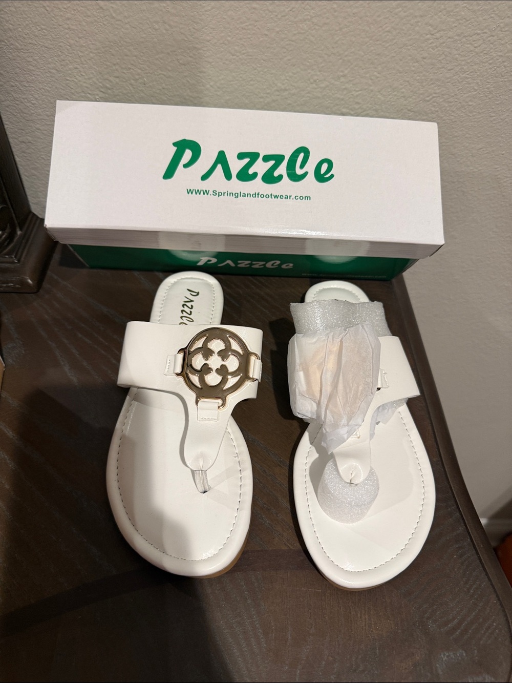 Pazzle Women's White T-Strap Sandals with Decorative Medallion